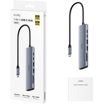 Концентратор Cudy UH407 USB-C 7 в 1 с поддержкой HDMI 4K и слотами для карт памяти SD и TF 