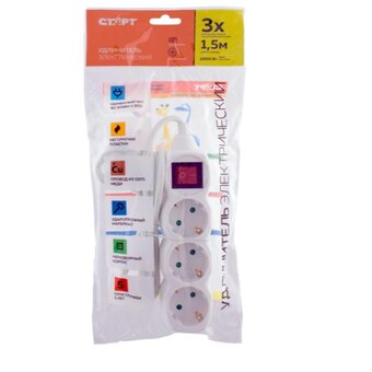  Удлинитель СТАРТ 4607175852692 3 розетки С/У S 3x1-ZDV с заземлением и защитой от детей сечение провода 3х0,75мм2, длина провода 1,5м 