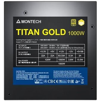  Блок питания Montech Titan Gold 1000W / ATX 3.0, APFC, 80 Plus Gold, Half Bridge LLC, DC-DC, Japan caps, 135mm fan, full modular 