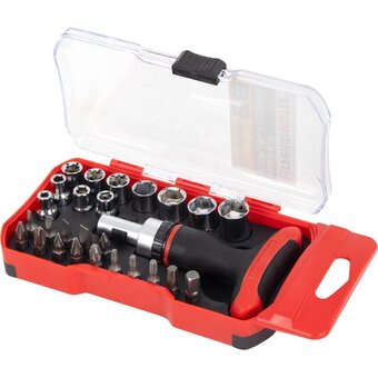  Набор бит и торцевых головок с трещоткой Грандмастер 671327 1/4", 27 предметов, пластиковый бокс 