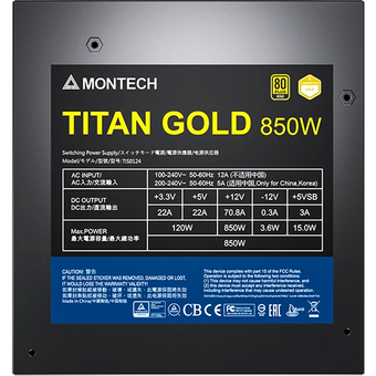  Блок питания Montech Titan Gold 850W / ATX 3.0, APFC, 80 Plus Gold, Half Bridge LLC, DC-DC, Japan caps, 135mm fan, full modular 