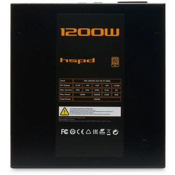  Блок питания HSPD HST-1200GF-BK 1200W 80+ Gold (ATX, 2.52, Full modular, 1x24(20+4)pin 600mm, 2xCPU 8(4+4)pin 700mm, 2xPCIe*2 8(6+2)pin 