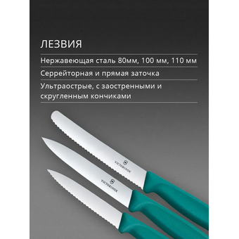  Набор ножей кухонных Victorinox Swiss Classic 6.7114.34C1 для овощей компл. 3предм. зеленый европодвес 
