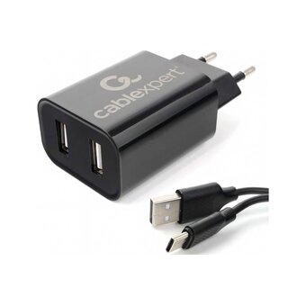  Адаптер питания Cablexpert MP3A-PC-37 USB 2 порта, 2.4A, черный + кабель 1м Type-C 