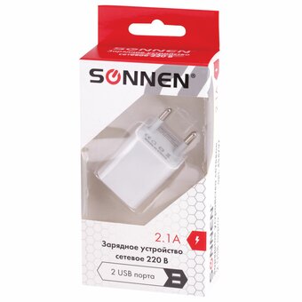  Зарядное устройство SONNEN 454797 2 порта USB, выходной ток 2,1А, белое 