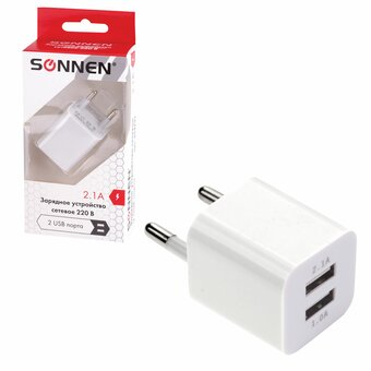  Зарядное устройство SONNEN 454797 2 порта USB, выходной ток 2,1А, белое 