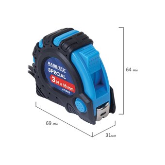  Рулетка измерительная RABBITEX 671353 Special 3м*16мм, обрезиненный корпус, 3 фиксатора 