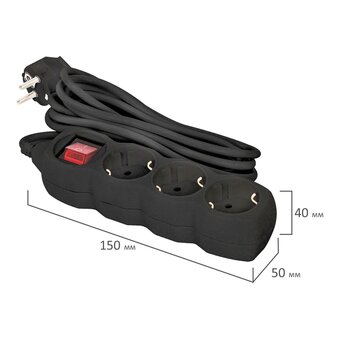  Удлинитель сетевой SONNEN U-133GS (513267) 3 розетки, c заземлением, выключатель, 10А, 5м, черный 