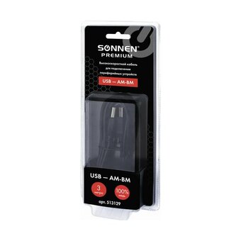  Кабель SONNEN 513129 USB 2.0 AM-BM, 3м Premium, медь, для подключения принтеров, сканеров, МФУ, плоттеров, экранированный, черный 