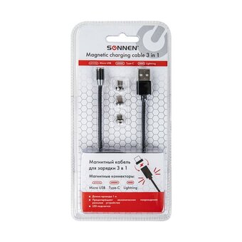  Кабель магнитный SONNEN 513561 для зарядки USB 2.0-Micro USB/Type-C/Ligtning, 1м, черный 