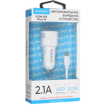  АЗУ Maxvi CCM-212 Plus M white 2.1A, 2xUSB, microUSB подсветка синяя 