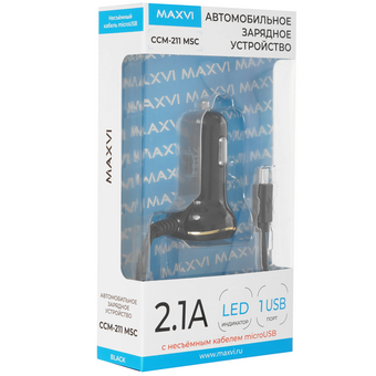 АЗУ Maxvi CCM-211MSC 2.1A, 1xUSB черный, LED индикатор, витой кабель microUSB 