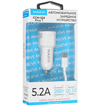  АЗУ Maxvi CCM-522 Plus T white 5.2A, 2xUSB, QC3.0 подсветка синяя 