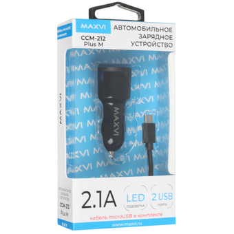  АЗУ Maxvi CCM-212 Plus M black 2.1A, 2xUSB, microUSB подсветка синяя 