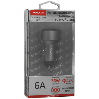  АЗУ Maxvi CCM-M602PD LED metallic black 6A, 1xUSB, 1xType-C, QC3.0 