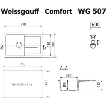  Кухонная мойка Weissgauff WG 507308 Comfort Onyx 