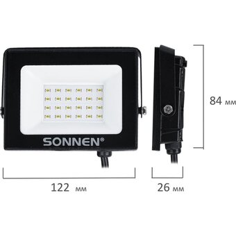  Прожектор светодиодный SONNEN 238412 20Вт, 6500К, 1600Лм, 20м2, IP65, 122x84x26мм, черный 