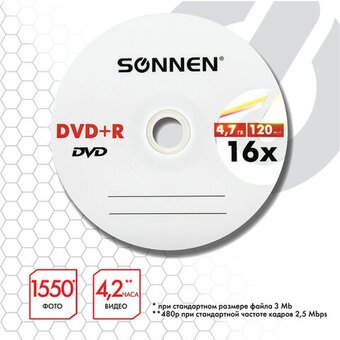  Диск DVD+R SONNEN 513532, 4,7Gb, 16x, Cake Box (упаковка на шпиле) 25шт 