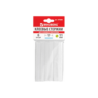  Клеевые стержни BRAUBERG 670298 диаметр 11мм, длина 100мм, белые, комплект 6 штук европодвес 