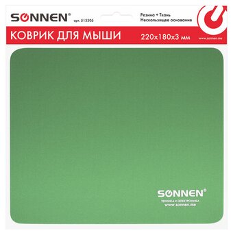  Коврик для мыши Sonnen 513305 Green, резина + ткань, 220х180х3мм 