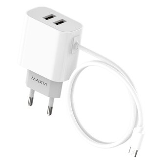  СЗУ Maxvi CHL-242M 2.4A, with microUSB cable, 2хUSB-A, white 