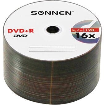  Диск DVD+R SONNEN 512577, 4,7Gb, 16x, Cake Box (упаковка на шпиле) 50шт 