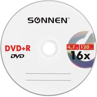  Диск DVD+R SONNEN 512577, 4,7Gb, 16x, Cake Box (упаковка на шпиле) 50шт 
