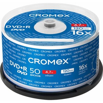  Диск DVD+R CROMEX 513775, 4,7Gb, 16x, Cake Box (упаковка на шпиле) 50шт 