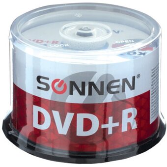  Диск DVD+R SONNEN 512577, 4,7Gb, 16x, Cake Box (упаковка на шпиле) 50шт 