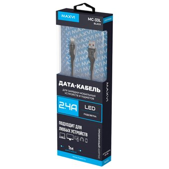  Дата-кабель Maxvi MC-33L USB-Lightning 2.4А, прозрачный корпус, LED подсветка, 1м, black 