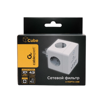 Сетевой фильтр CABLEXPERT Cube CUBE-4-СU3-W, 4 розетки, 16А, 1 x Type-C PD, 3хUSB, белый 