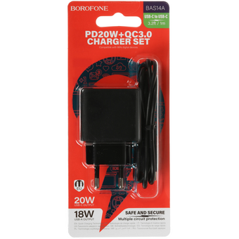  СЗУ Borofone BAS14A 1USB+1Type-C 3.0A QC3.0 PD 20W Black 