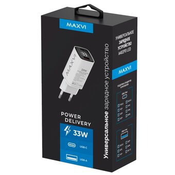  СЗУ Maxvi A402PD LED 33W, 1xUSB-A, 1xUSB-C, white 
