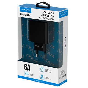  СЗУ Maxvi CHL-602PD 30W, 6A, QC 3.0, 1xUSB-A, 1xUSB-C, black 
