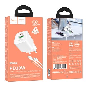  Адаптер Сетевой с кабелем Hoco N65 PD+QC3.0 USB/Type-C 20W (Type-C/Lightning) (white) (242955) 