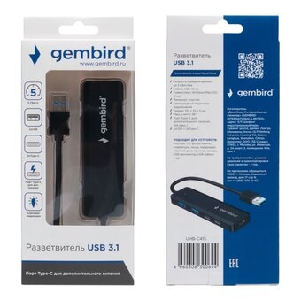  Хаб USB GEMBIRD UHB-C415 3.1, 2хUSB, 2хType-C, с дополнительным питанием Type-C, кабель USB 19см, черный 