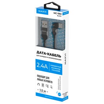  Кабель Maxvi MC-19M black, USB-A-microUSB, 2.4A, LED 