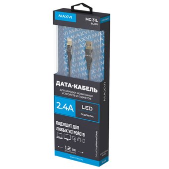  Дата-кабель Maxvi MC-31L USB-Lightning 2.4А, прозрачный корпус, LED подсветка, 1.2м, black 