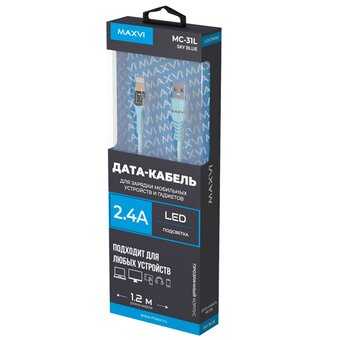  Дата-кабель Maxvi MC-31L USB-Lightning 2.4А, прозрачный корпус, LED подсветка, 1.2м, sky blue 