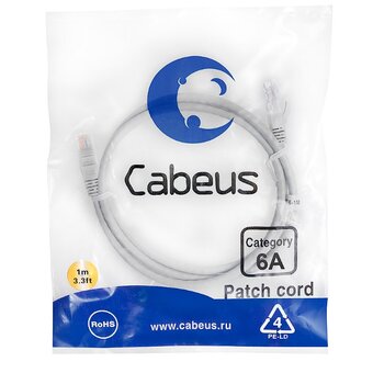  Патч-корд Cabeus PC-UTP-RJ45-Cat.6a-1m-LSZH 10G, неэкранированный, серый 