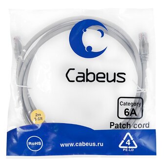  Патч-корд Cabeus PC-UTP-RJ45-Cat.6a-2m-LSZH 10G, неэкранированный, серый 