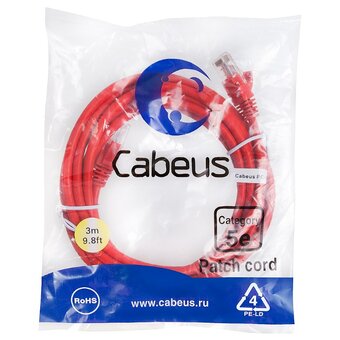  Патч-корд Cabeus PC-UTP-RJ45-Cat.5e-3m-RD неэкранированный, красный 