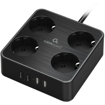  Сетевой фильтр Cablexpert PLT-4-C2U2-B-3 Plate 4р, 10А, 2xType-C PD, 20Вт, 2xUSB, 3м, ур.защиты 4+, черный, коробка 