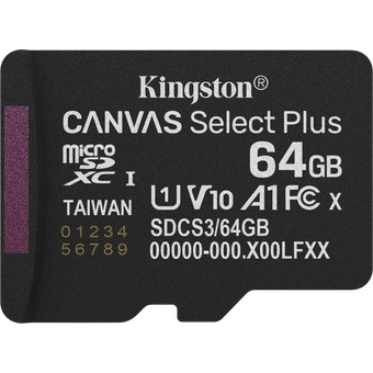  Карта памяти Kingston Canvas Select Plus Gen3 SDCS3/64GBSP micro SDXC 64GB, 100MB/s A1, без адаптера 