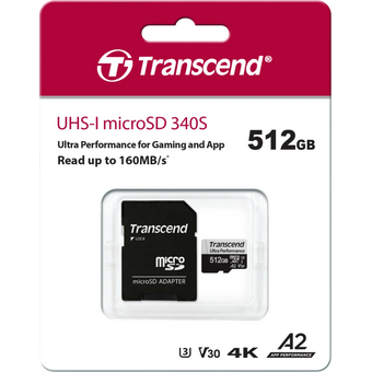  Карта памяти Transcend 340S SDmicro, 512 Гб, (TS512GUSD340S) UHS-I Class U3 V30 A2, с адаптером 