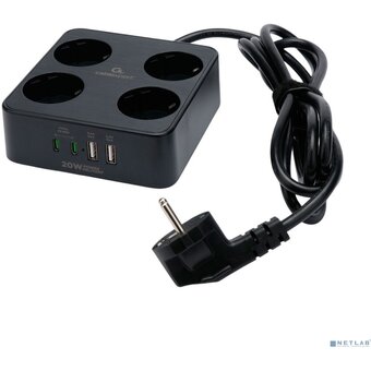  Сетевой фильтр Cablexpert PLT-4-C2U2-B-3 Plate 4р, 10А, 2xType-C PD, 20Вт, 2xUSB, 3м, ур.защиты 4+, черный, коробка 