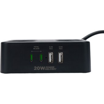  Сетевой фильтр Cablexpert PLT-4-C2U2-B-3 Plate 4р, 10А, 2xType-C PD, 20Вт, 2xUSB, 3м, ур.защиты 4+, черный, коробка 