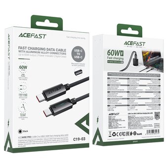  Кабель ACEFAST C19-03 USB-C to USB-C 60W fast charging data cable Black 