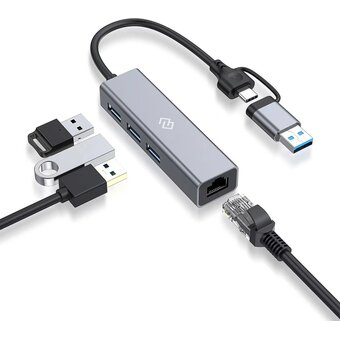  Разветвитель USB-C+USB-A Digma DHUB-LAN-4port 4порт серебристый 