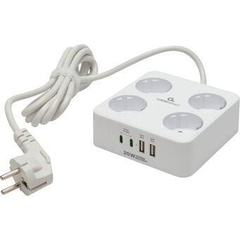  Сетевой фильтр Cablexpert PLT-4-C2U2-W-3 Plate 4р, 10А, 2xType-C PD, 20Вт, 2xUSB, 3м, ур.защиты 4+, белый, коробка 